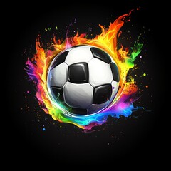 Fototapeta premium Black and white soccer ball with colorful fires around it, black background