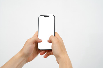 Hands using smartphone on white background