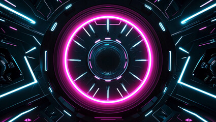 Glowing neon pink circle on dark geometric background