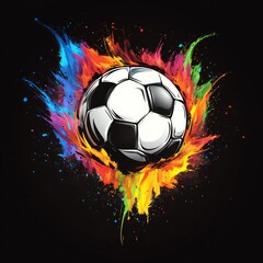 Fototapeta premium Black and white soccer ball with colorful fires around it, black background