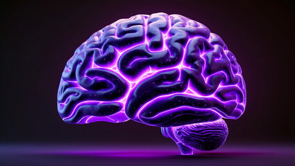 Glowing purple brain puzzle in abstract 3d design