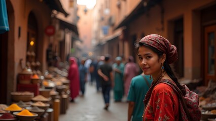 Obraz premium Female tourist with backpack in a vibrant marketplace in Marrakesh, Morocco