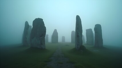 Megalithic Standing Stones of Callanish in Scotland Isle of Lewis shrouded in Fog and Mist