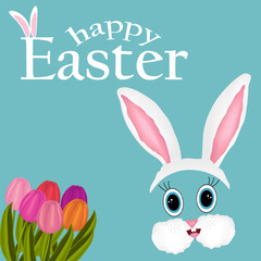 Greeting card with 3D elements featuring Easter Bunny face and a bouquet of spring tulips on a blue background. Text - Happy Easter. Perfect for holiday banner and greeting.