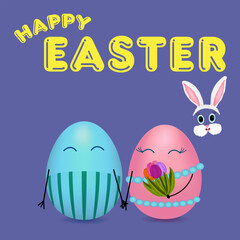 Greeting card with 3D elements featuring anthropomorphic happy family of Easter eggs couple, and Easter bunny face. Man giving a woman a floral bouquet of tulips. Happy Easter inscription.