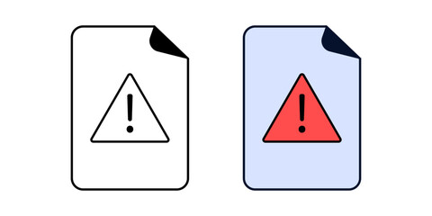 Dangerous file warning icon in colored and outline styles- Red exclamation mark on document symbol, malware alert for cybersecurity interfaces and virus protection software.