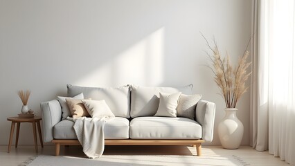Fototapeta premium Stylish Living Room with Neutral Couch, Pillows, and Sunlight. Modern Interior with Cozy Home Decor and Elegant Design