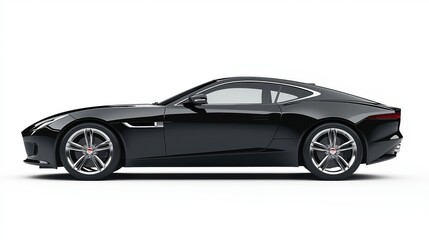 A glossy black sports car, side view, with chrome alloy wheels, smooth surfaces, and subtle, clean lines; high-quality rendering. isolated on crisp white