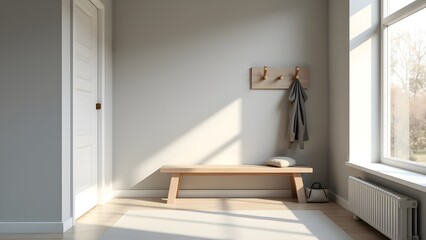 Fototapeta premium Bright Entryway with Wooden Bench, Coat Rack, and Natural Light from Window
