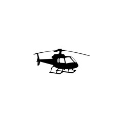 Black silhouette of a helicopter in a minimalist style, isolated on white background. Ideal for aviation-related branding, air transport icons, flight training schools, emergency services, military us