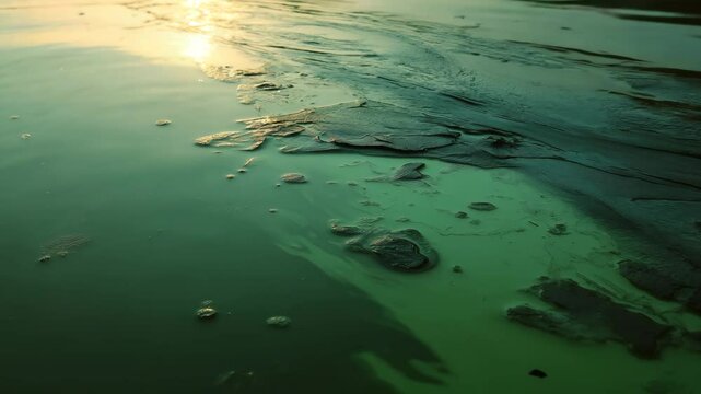 A pool of water polluted by chemical waste, an aerial shot of water polluted by factory waste, algae bloom caused by pollution, environment concept video