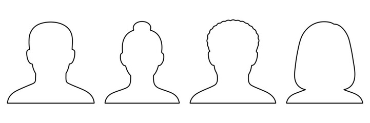 Vector outline illustration of four diverse human head avatars, representing different genders and hairstyles, ideal for profile icons. Set of four black outline avatars