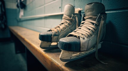 Old ice hockey skates are sitting on a wooden bench in a locker room, showing signs of wear and tear
