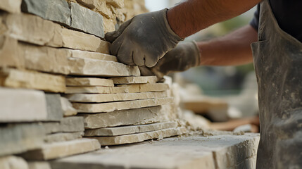 Masonry worker creating intricate stonework for a historical building restoration. Featuring stone masonry