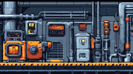 Industrial Interior Wall Featuring Pixel Art Style Machinery With Metal Piping And Orange Components In A Detailed Gray Tone Retro Setting