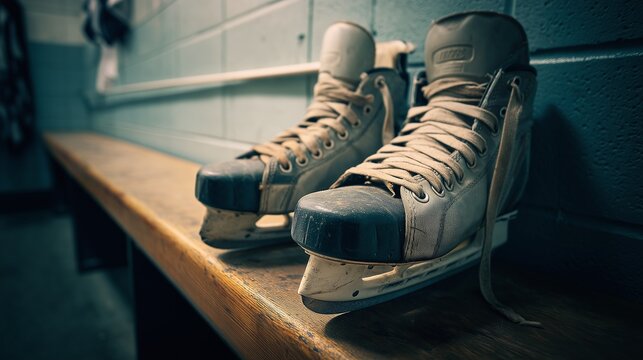 Old ice hockey skates are sitting on a wooden bench in a locker room, showing signs of wear and tear