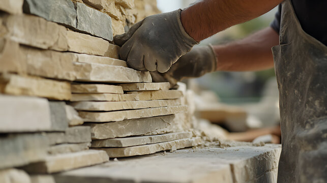 Masonry worker creating intricate stonework for a historical building restoration. Featuring stone masonry