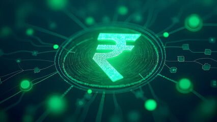 Digital Indian Rupee Network: Modern Financial Technology. Rupee symbol within a glowing digital circuit. Future of Indian currency and online transactions.