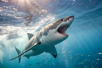 Naklejka premium Marine Life Scene Featuring Group of Swimming Sharks