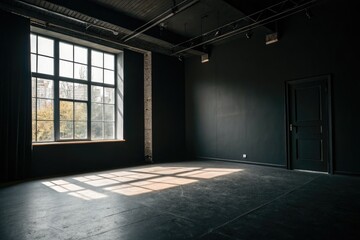 Empty black room, dramatic lighting and window shadows create moody, minimalist architectural photography.