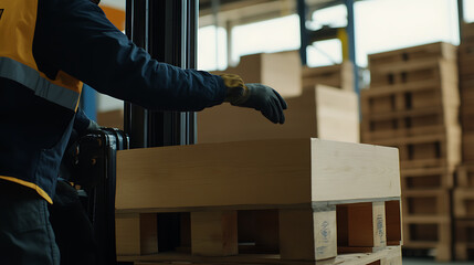 Material handler organizing heavy construction supplies with a forklift. Featuring logistics and inventory management