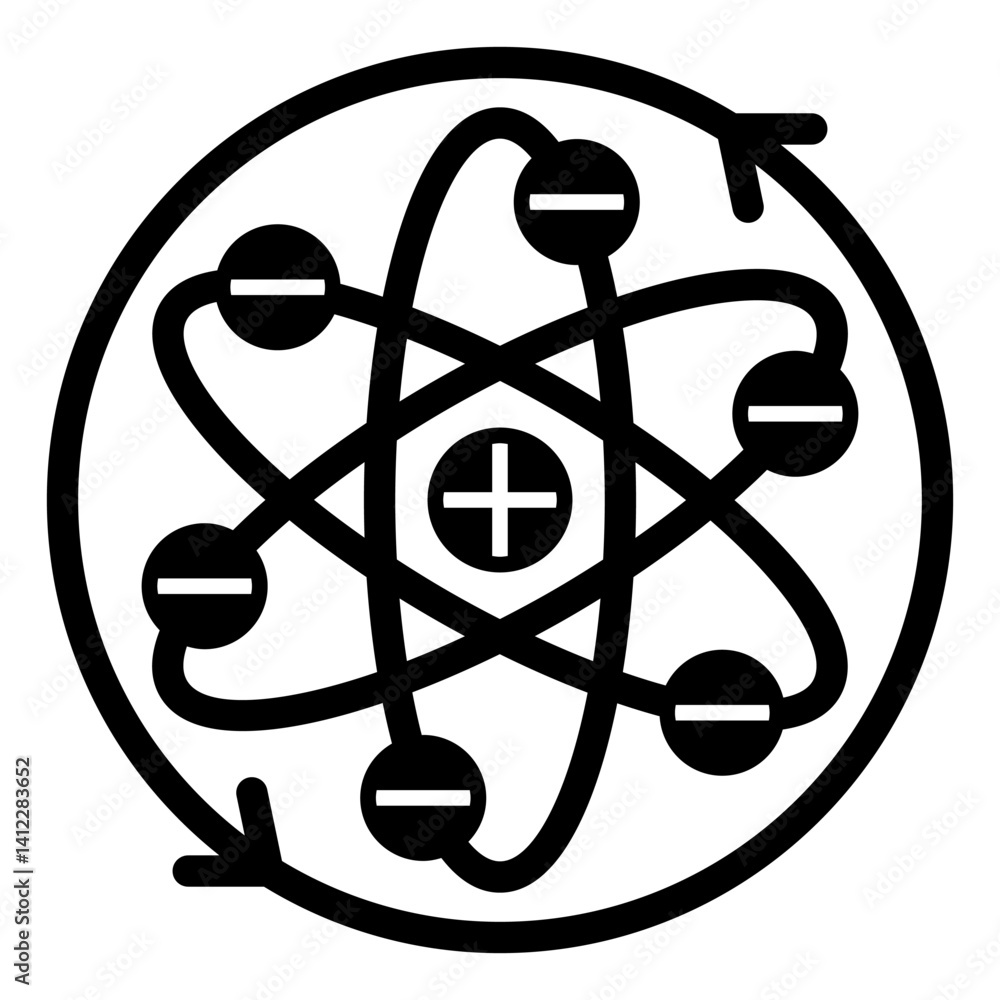 Poster atom with elliptical orbits solid icon, atomic energy concept. vector graphics. rotation arrows of a