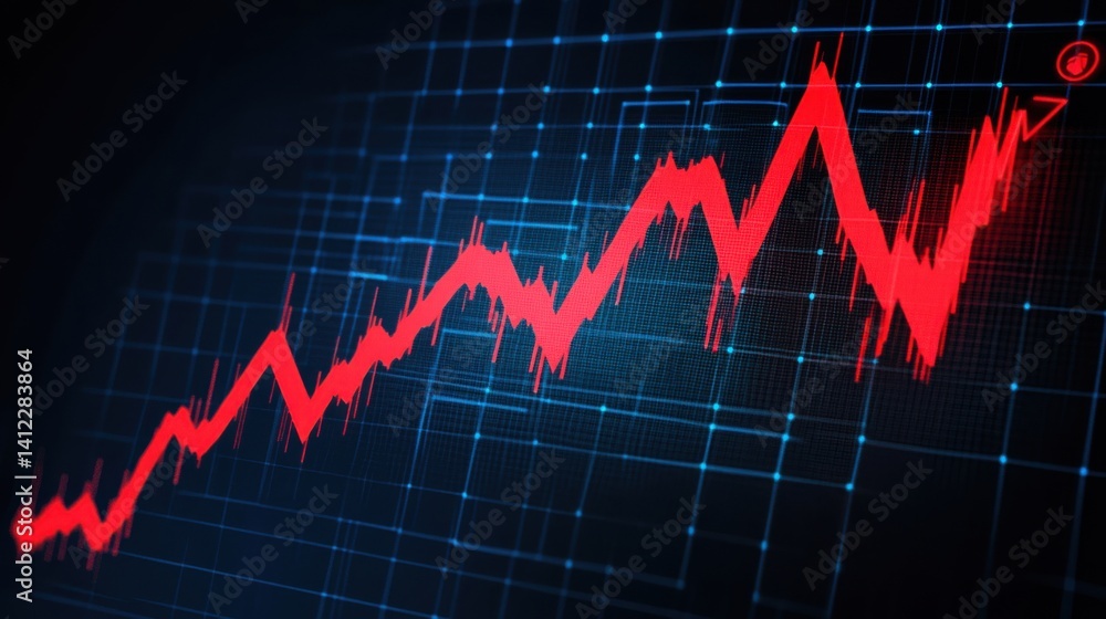 Poster dynamic red line chart displaying financial market growth and volatility