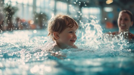 Smiling child learning to swim with mother in indoor pool, enjoying water splashes and family time