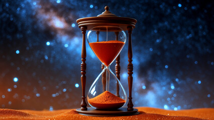 Hourglass filled with shimmering orange sand under galaxy