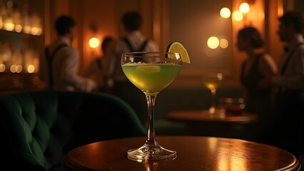 Elegant Cocktail with Lime in a Classy Bar Setting, Featuring Patrons and Warm Lighting