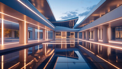 Illuminated futuristic architecture with reflective surfaces