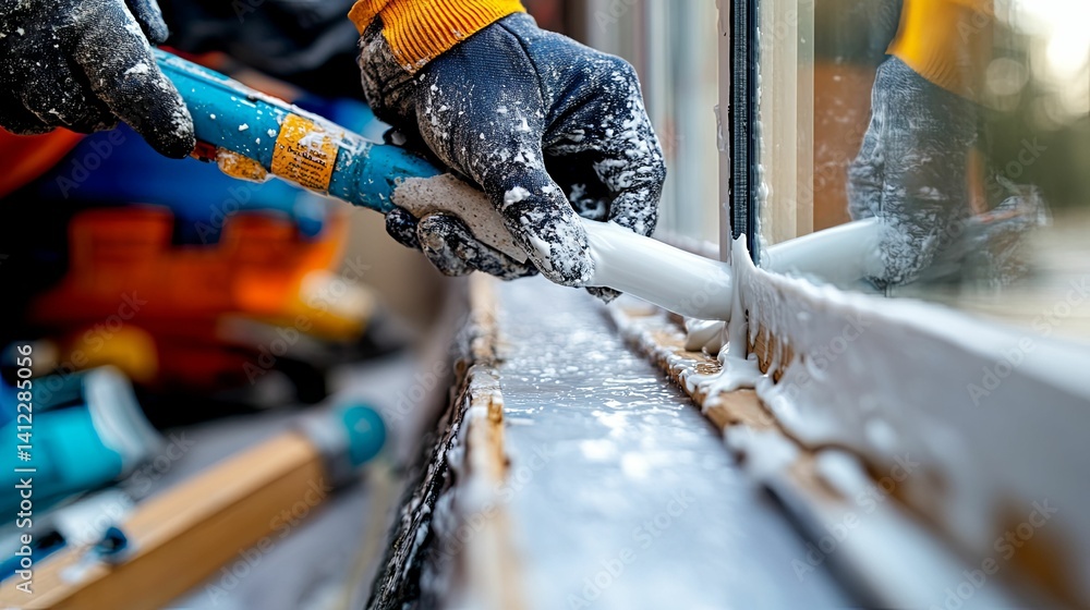 Aufkleber applying sealant to window frame using a tool.