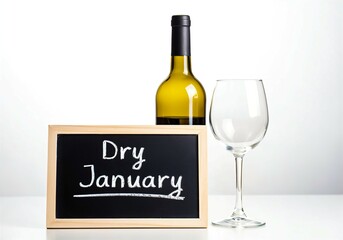 Minimalist composition symbolizing "Dry January" with a wine bottle, empty wine glass, and chalkboard sign on white background, promoting sobriety and healthy lifestyle choices