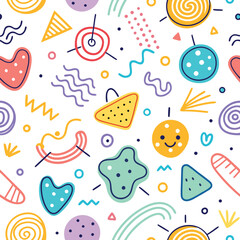 Playful abstract pattern with vibrant colors and simple shapes