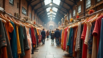 Aisle with Clothing at an Indoor Marketplace, Featuring Vintage Style and a Variety of Apparel