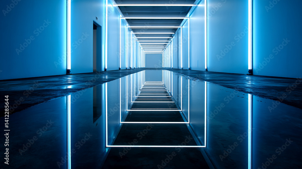 Poster blue neon lights illuminate a long corridor, reflected in a wet floor, creating a symmetrical, infin