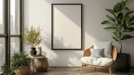 Cozy interior with empty poster frame. Frame mockup in interior.