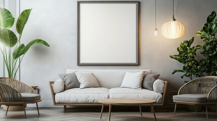 Cozy interior with empty poster frame. Frame mockup in interior.