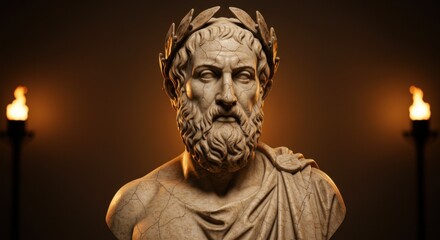 Fototapeta premium Aged Marble Bust of Plato Adorned with Laurel Wreath