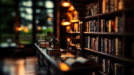 Dark library interior with bookshelves, counter, and garden view. Use stock photo