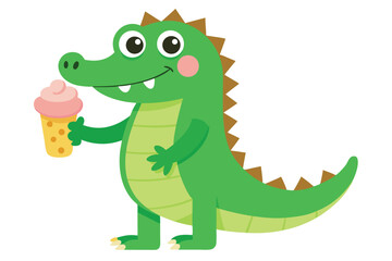 Alligator with Ice Cream on White Background, Cartoon Reptile Character