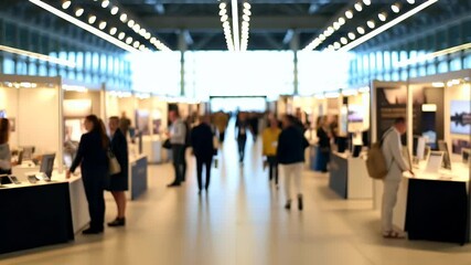 4K Blurred Crowd Walking Through Brightly Lit Exhibition Hall – Modern Trade Show, Business Expo, Networking Event, and Convention Center Ambience with Booth Displays and Contemporary Interior