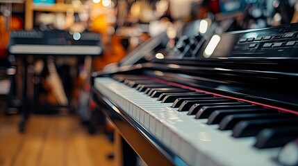Close-up view of a digital piano keyboard in a music store.