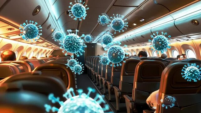 A group of people sitting in an airplane with coronavirus on the ceiling