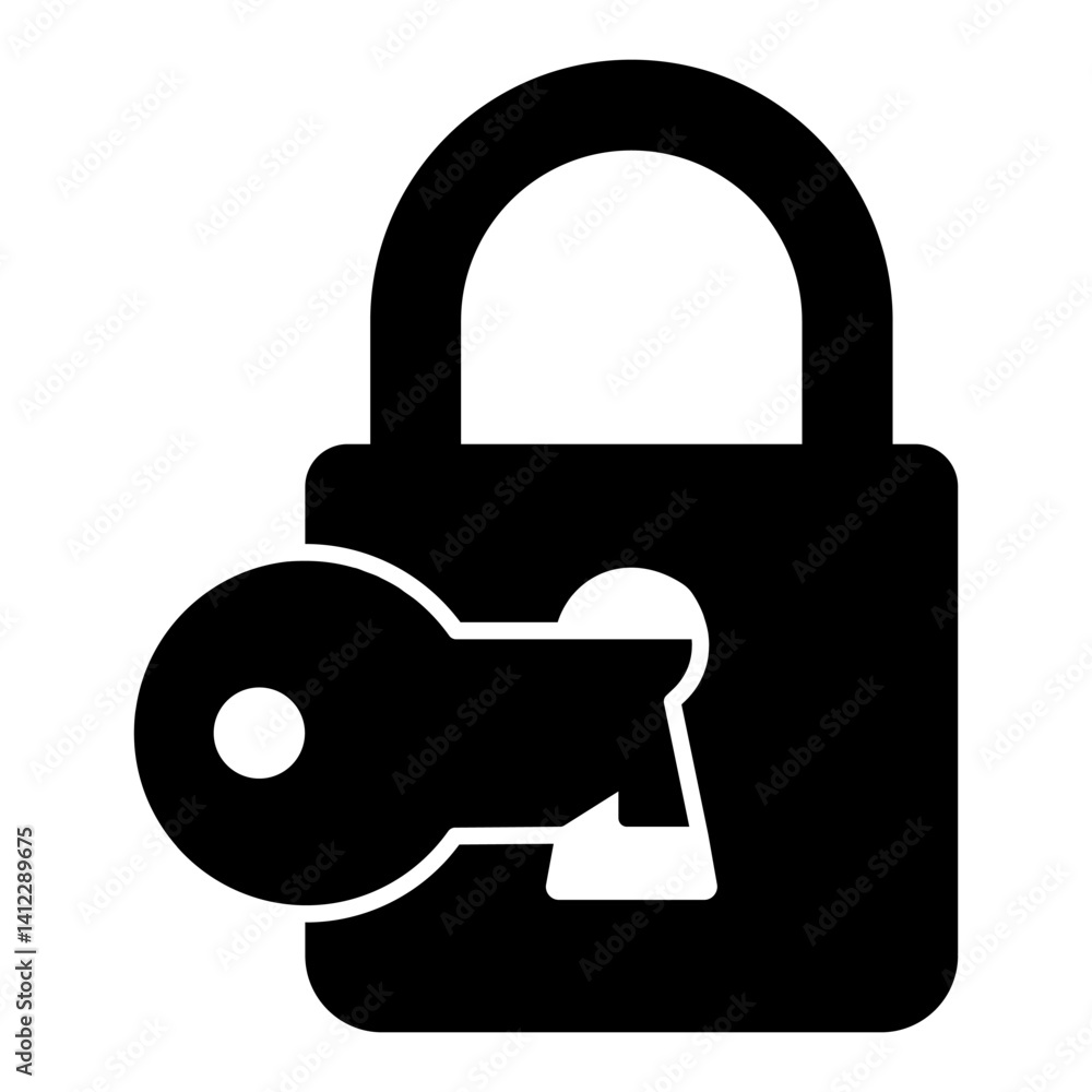 Poster lock with key in keyhole solid icon, hacker attacks concept. vector graphics. unlocking lock, protec