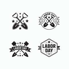 Happy Labor Day Typography – Labor Day Logos – Black and White Designs with Crossed Shovels and Stars