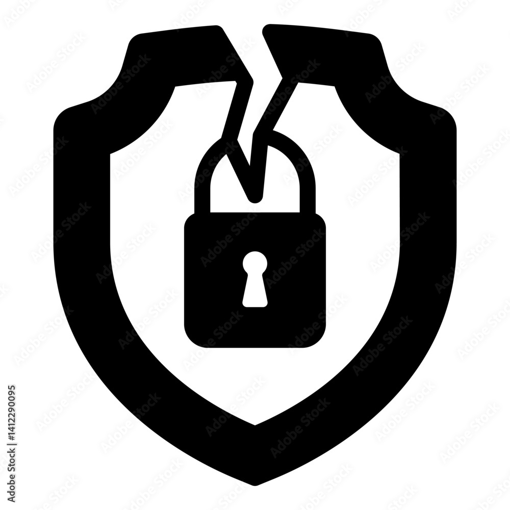 Poster cracked shield with lock solid icon, hacker attacks concept. vector graphics. lock on emblem with cr