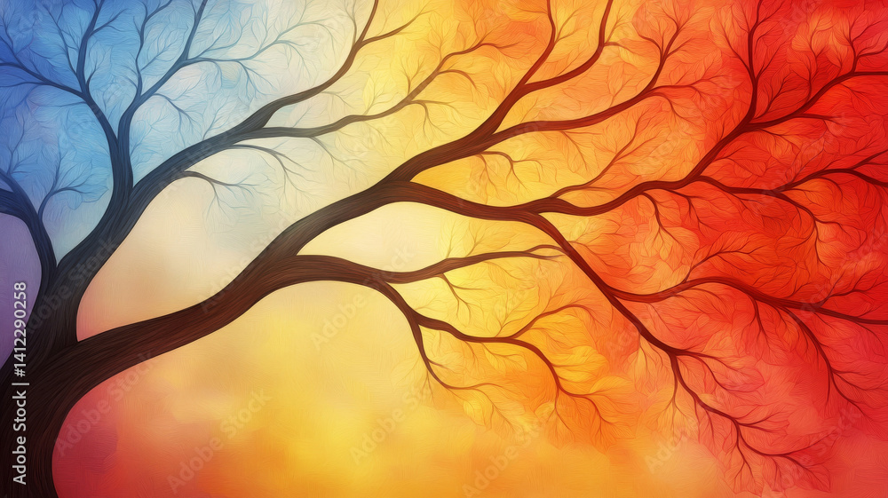 Poster vibrant abstract tree with colorful branches transitioning from blue to orange, evoking emotion