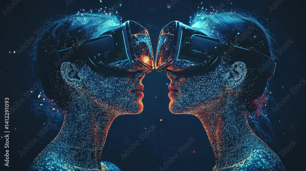 Poster futuristic digital twin technology showcases human-like avatars merging reality and virtual worlds i