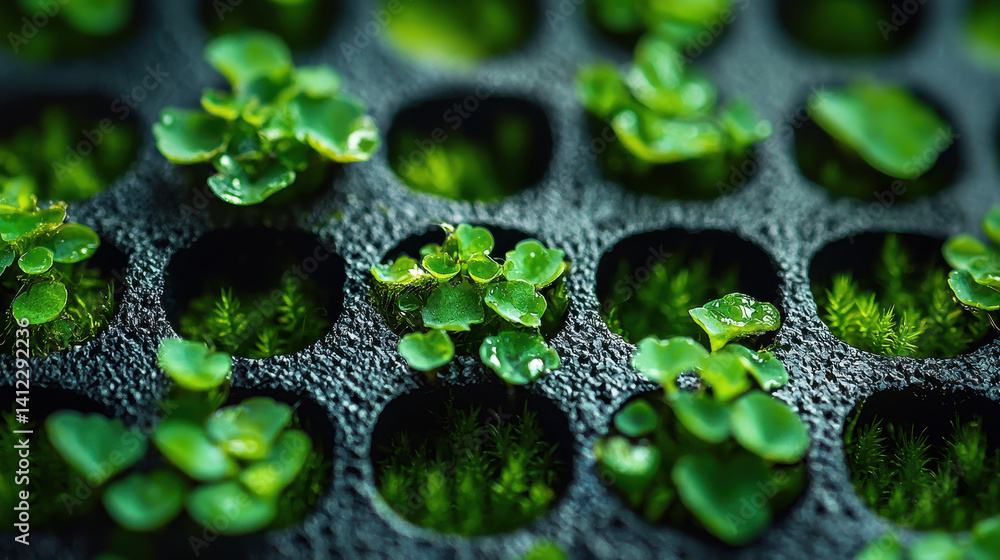 Poster exploring intricate textures of moss, crystals, and polymers under macro lens with vivid color depth